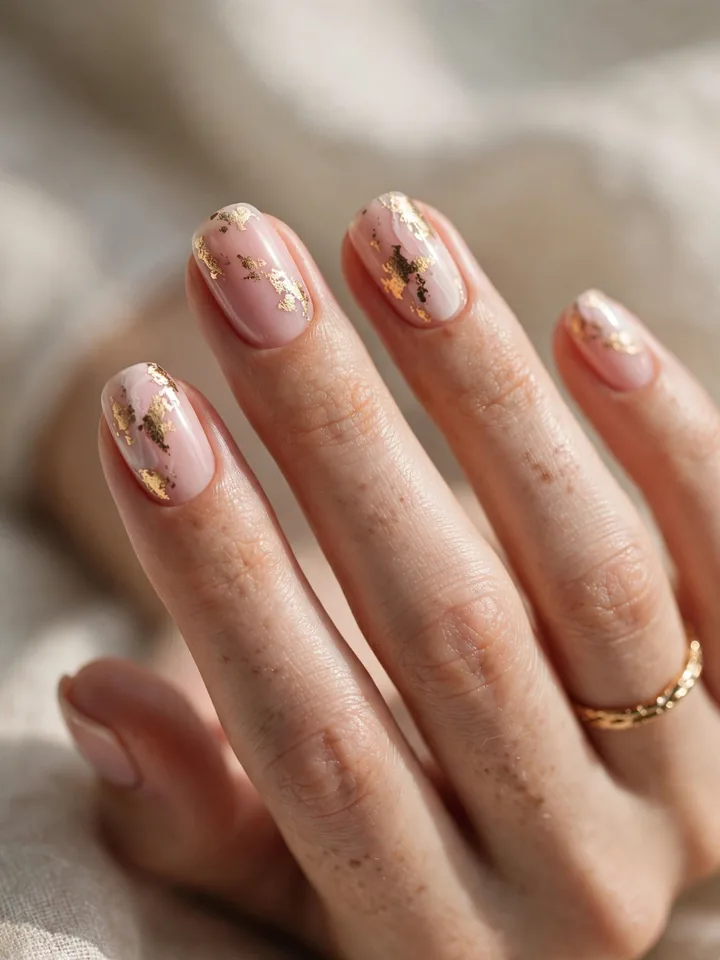 Pink wedding nails with gold foil accents