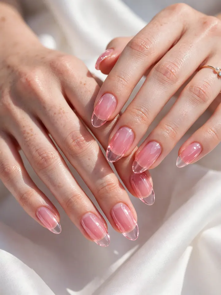 Sheer pink jelly wedding nails with a translucent glossy look