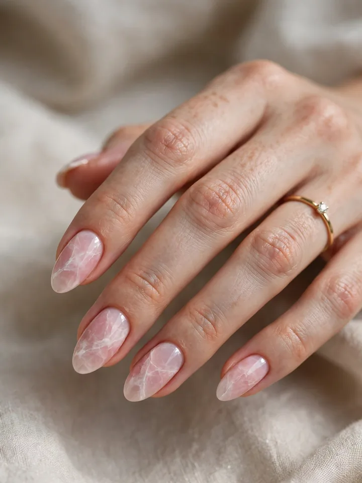 Pink marble wedding nails with white veining