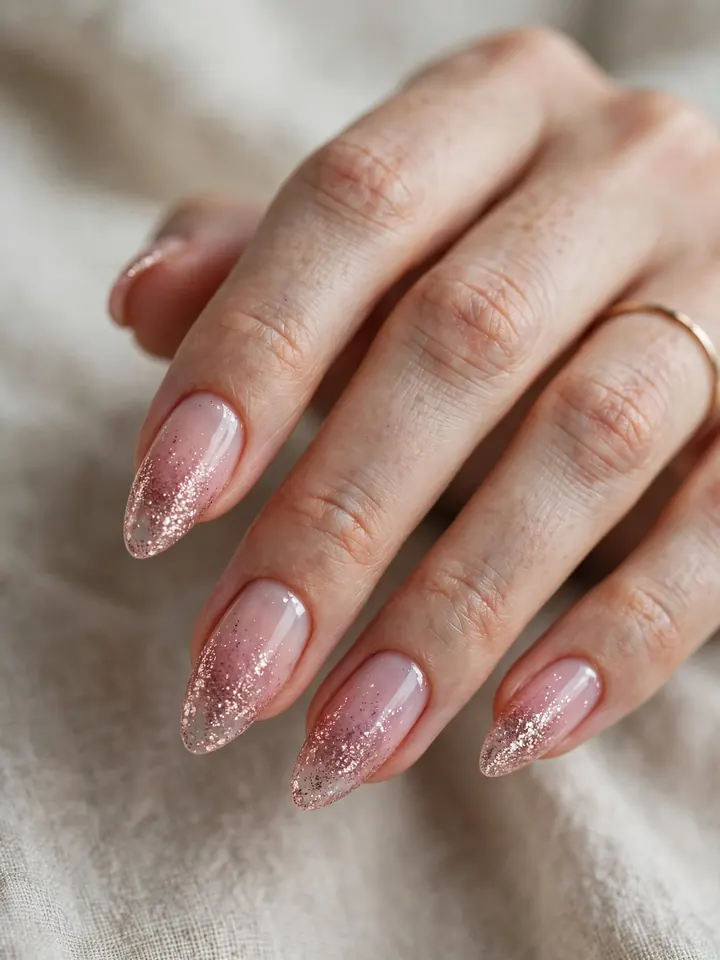 Pink glitter fade wedding nails with sparkle at the tips