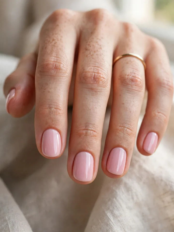 Short rounded pink wedding nails in a soft glossy pink