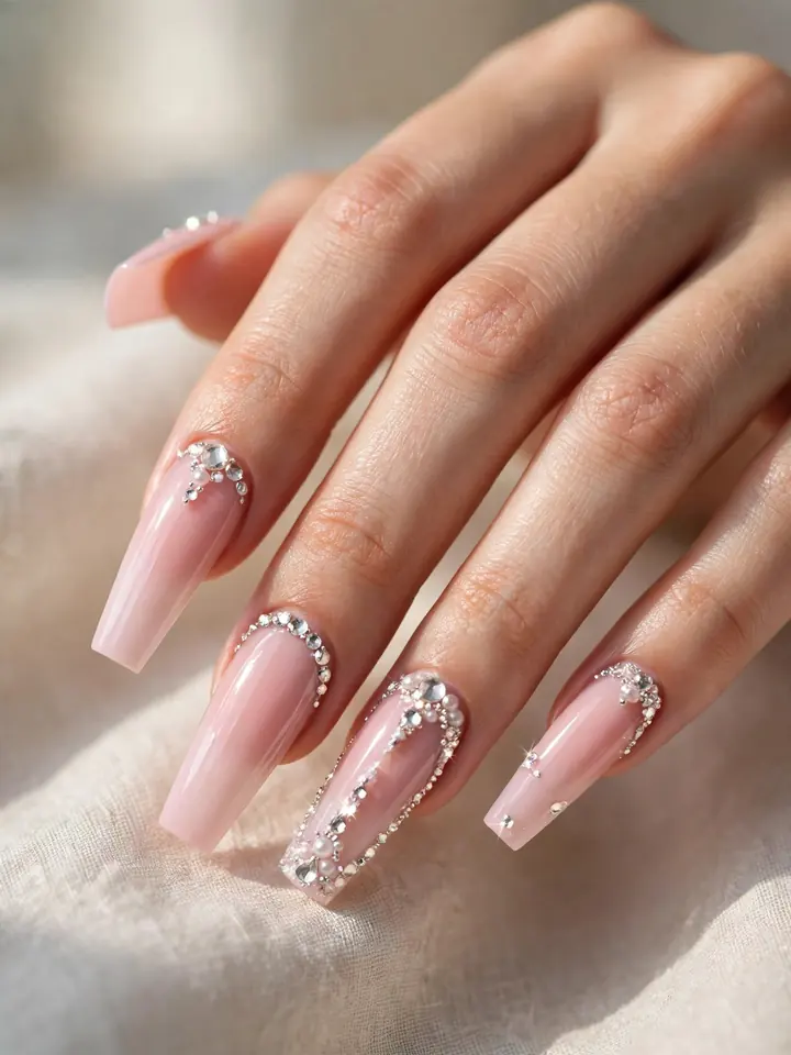 Pink coffin wedding nails decorated with rhinestones