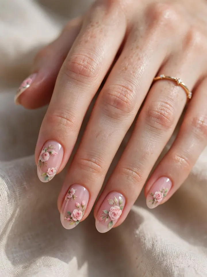 Pink wedding nails with delicate hand-painted floral nail art
