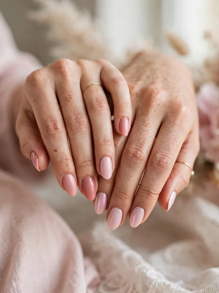 Matching pink bridesmaid wedding nails in soft pink shades