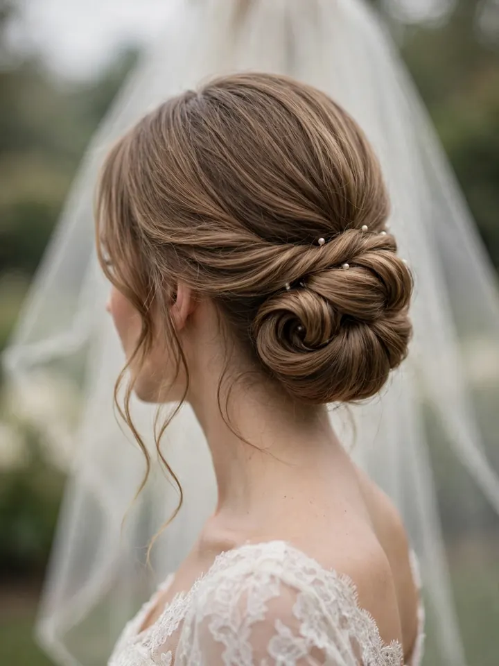 Classic side-swept chignon wedding hairstyle with soft face-framing tendrils