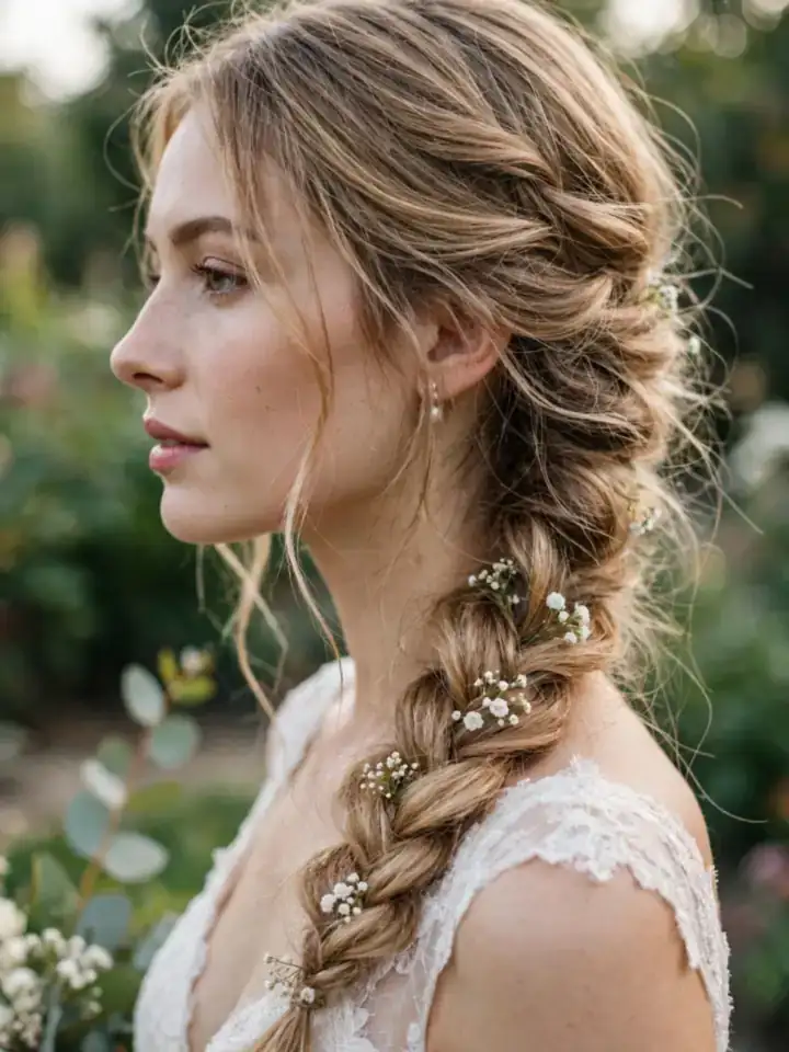 Loose romantic side braid wedding hairstyle with wispy pulled-out texture