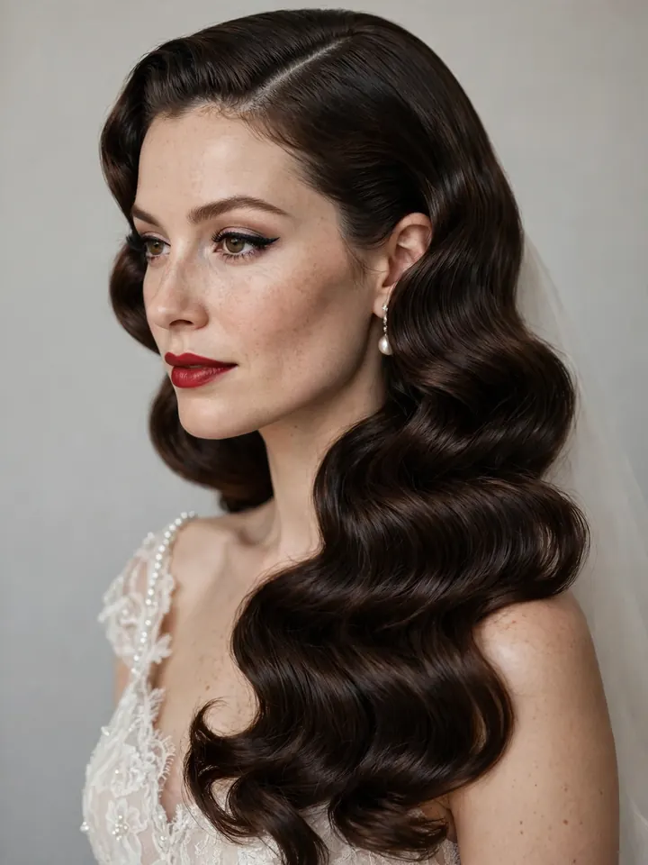 Deep side part old-Hollywood waves side hairstyle for wedding