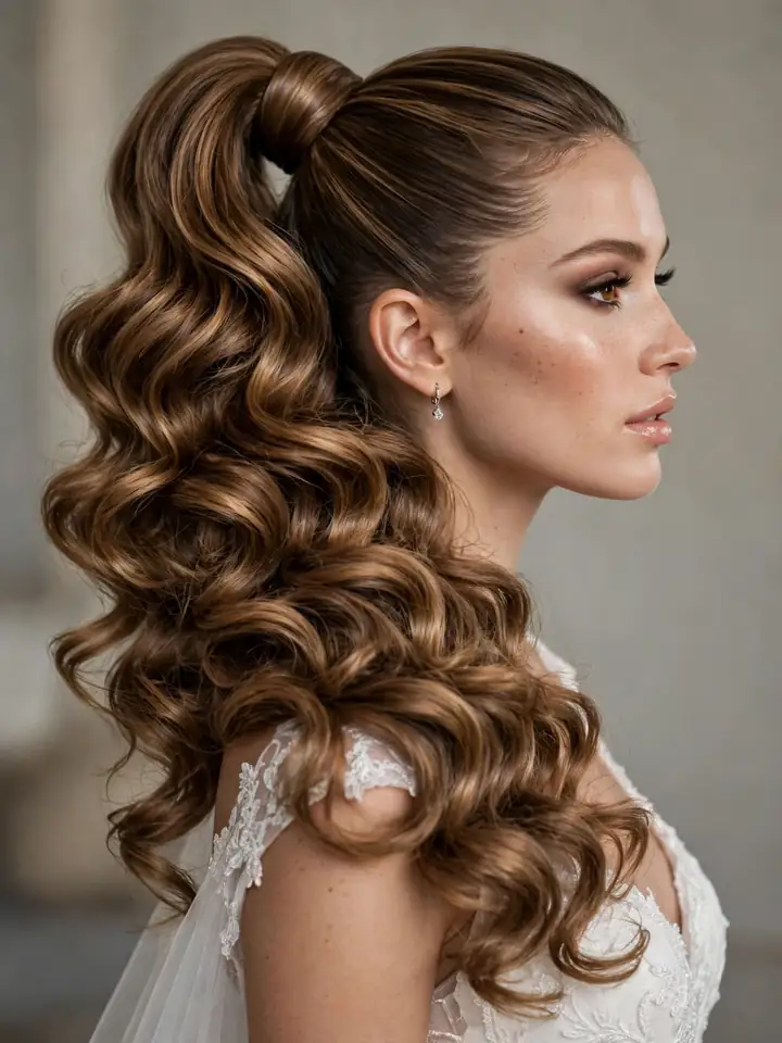 Glam high side ponytail wedding hairstyle with hair-wrapped base