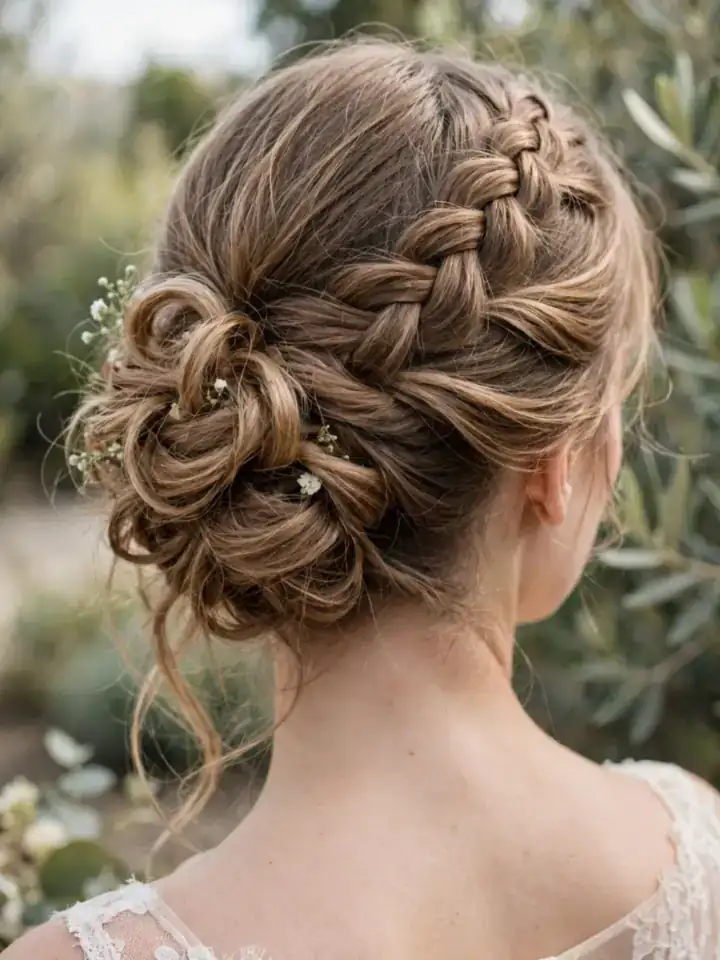Asymmetrical side-swept updo with braided crown wedding hairstyle
