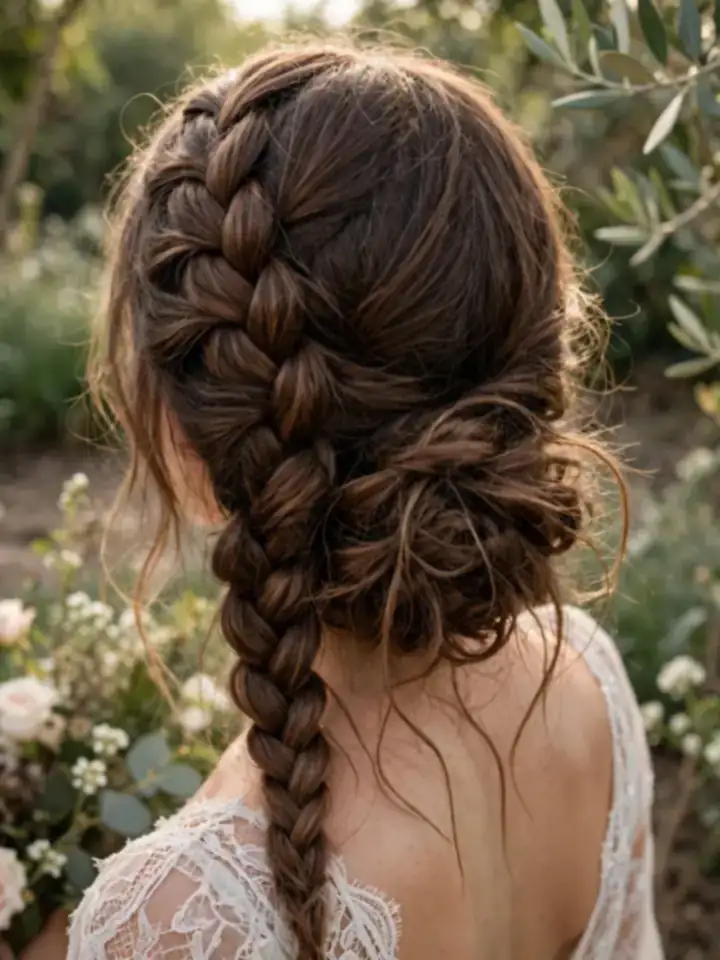 Dutch side braid melting into a low bun wedding hairstyle
