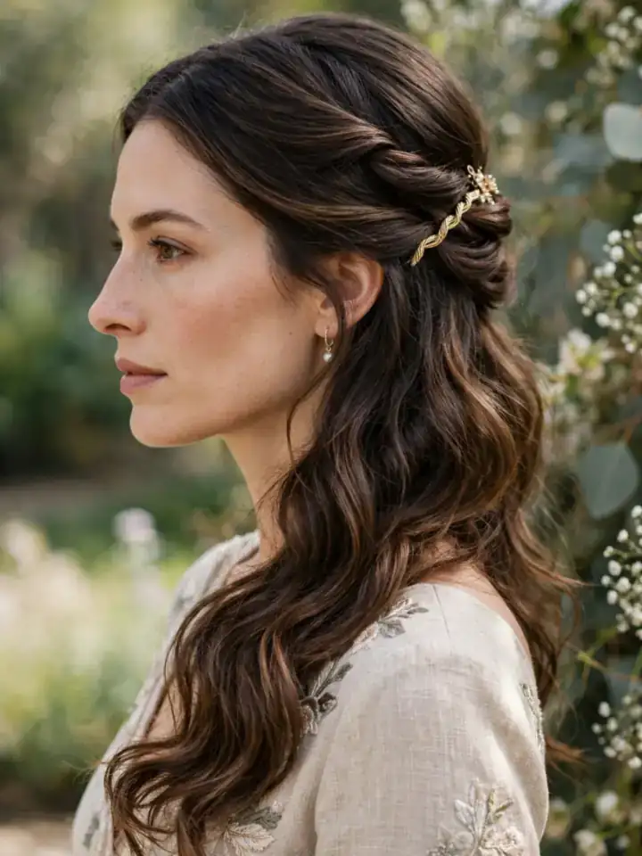 Side-swept half-up twisted wedding guest hairstyle