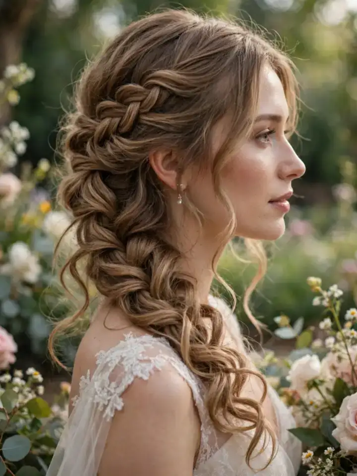 Cascading side waterfall braid wedding hairstyle with romantic curls