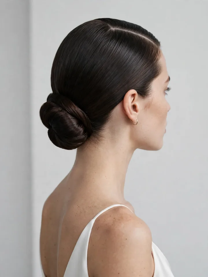 Sleek side-parted low bun minimalist bridal side hairstyle