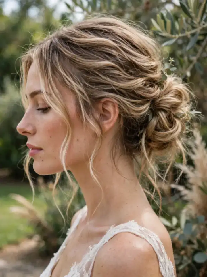 Boho messy side bun wedding hairstyle with face-framing strands