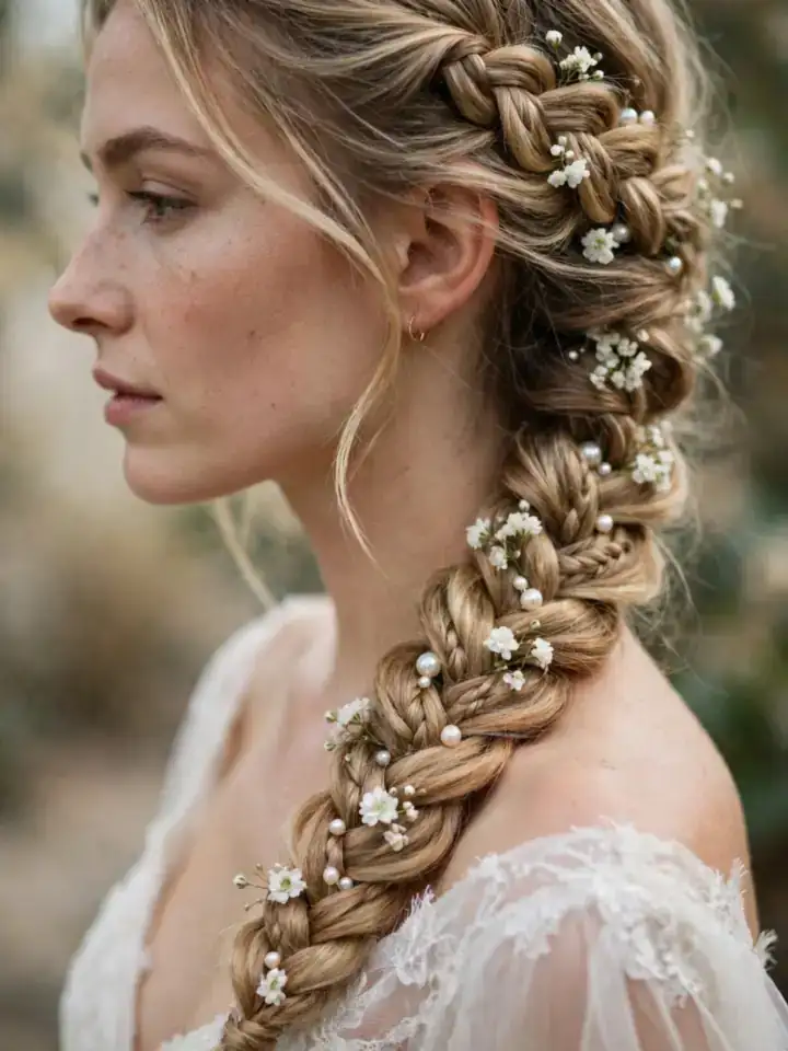 Side fishtail braid wedding hairstyle with delicate floral pins