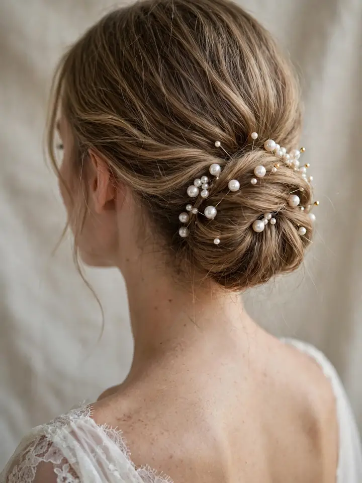 Asymmetric low side bun wedding hairstyle with pearl accessories