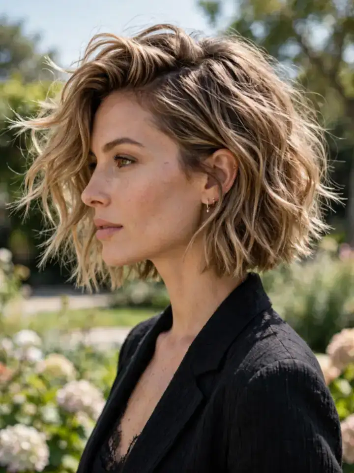 Side-parted textured lob with beach waves wedding guest hairstyle