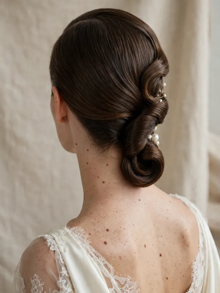 Timeless side-swept French twist wedding hairstyle