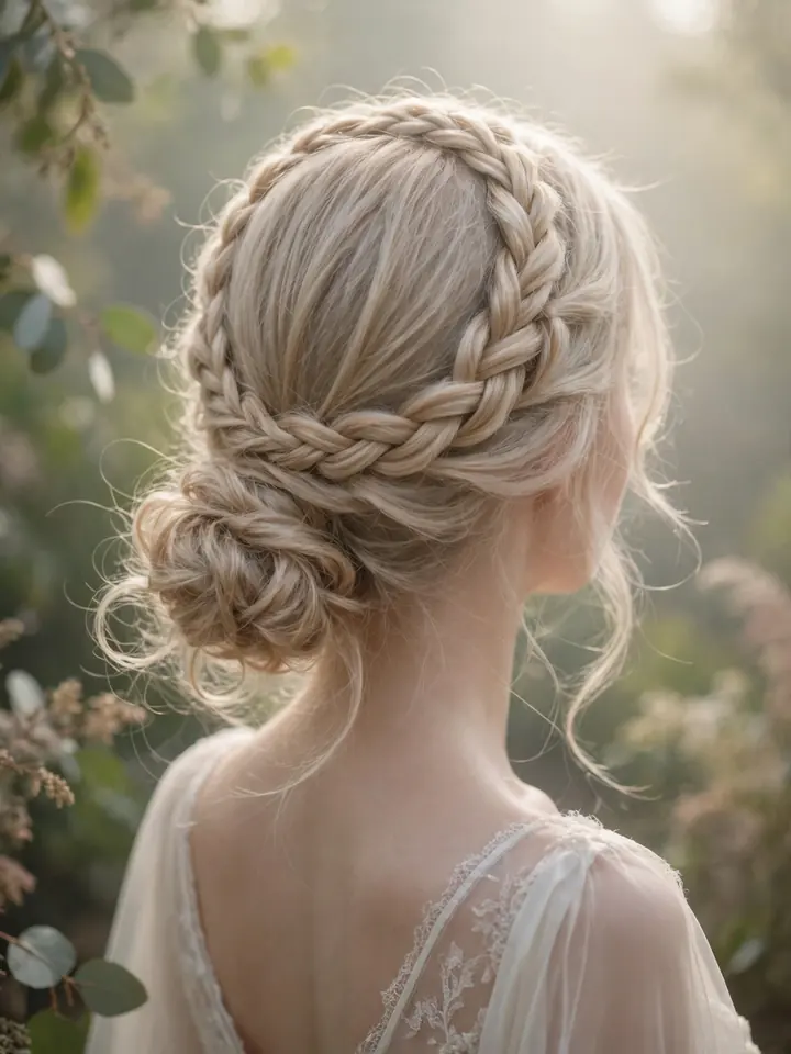 Braided crown flowing into a low side bun wedding hairstyle