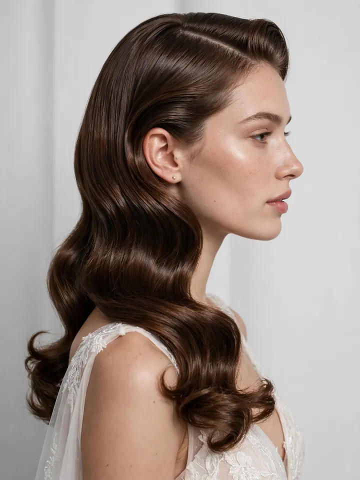 Glossy side-swept blowout wedding hairstyle with softly curled ends