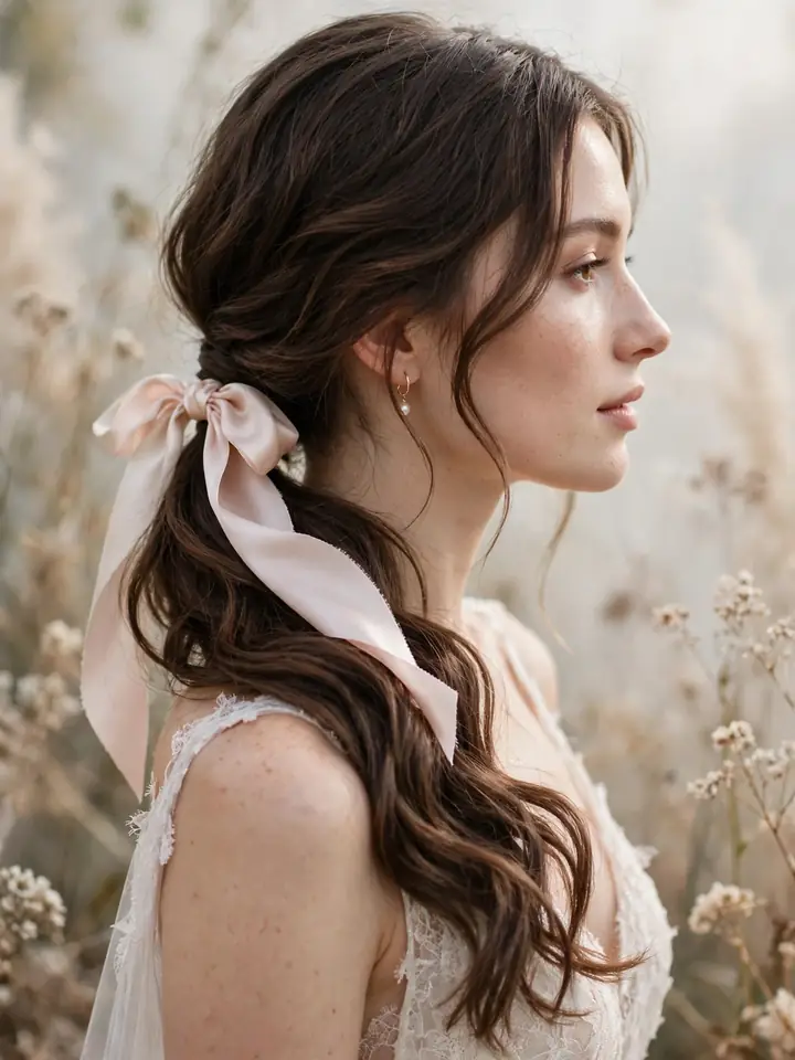 Romantic low side ponytail wedding hairstyle with silk ribbon bow