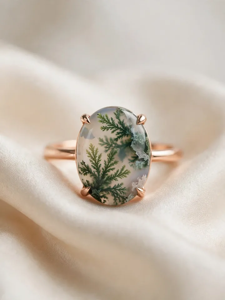 Moss agate engagement ring with green inclusions - unique wedding rings engagement idea