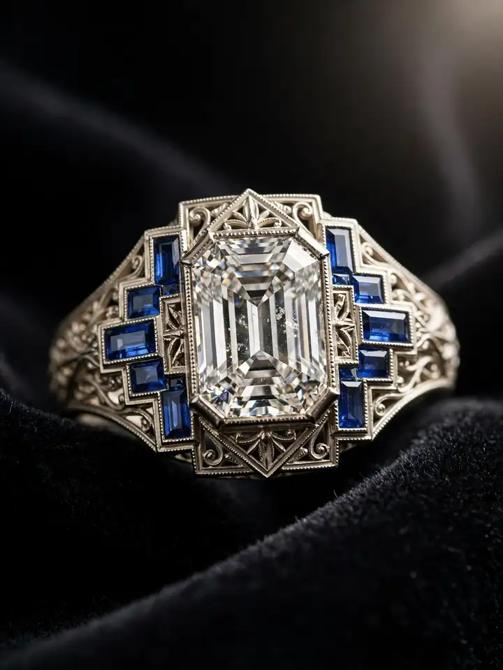 Vintage Art Deco engagement ring with geometric setting - unique wedding rings engagement idea