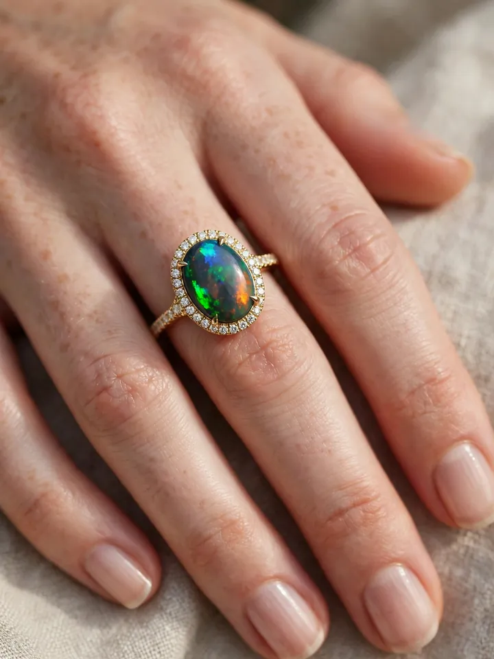 Opal engagement ring with diamond halo - unique wedding rings engagement idea