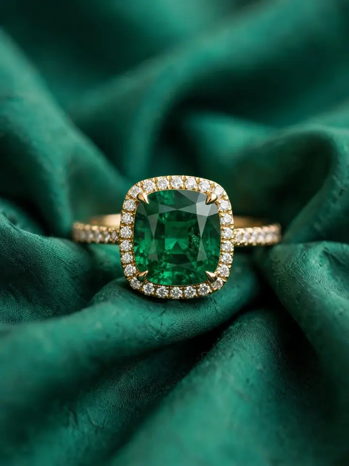 Emerald engagement ring with diamond halo - unique wedding rings engagement idea