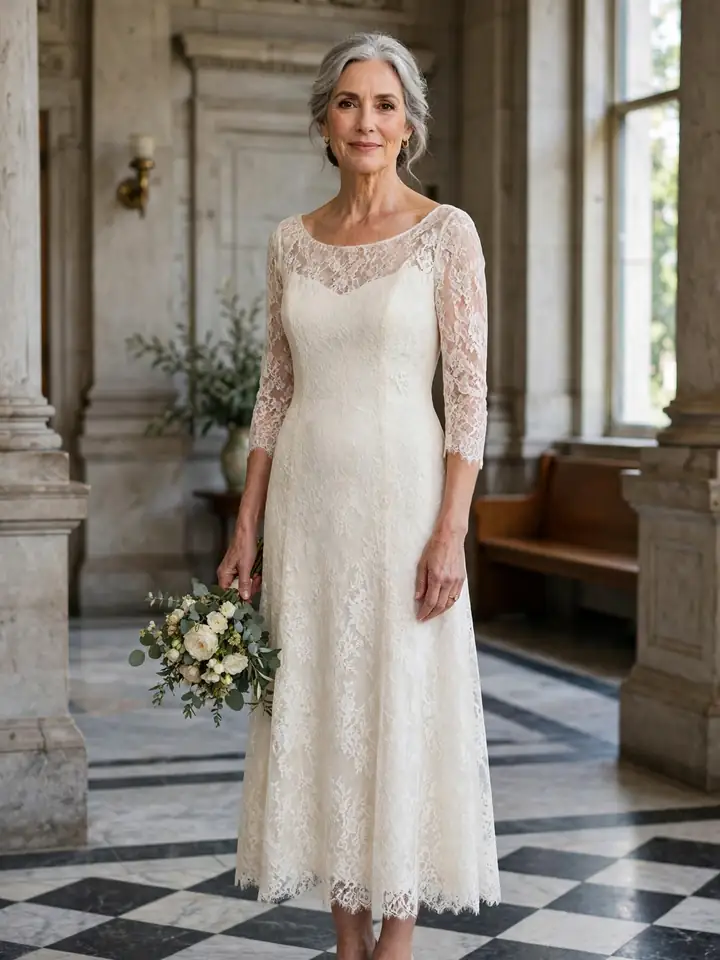 Tea-length ivory lace 2nd marriage wedding dress for a courthouse wedding ceremony