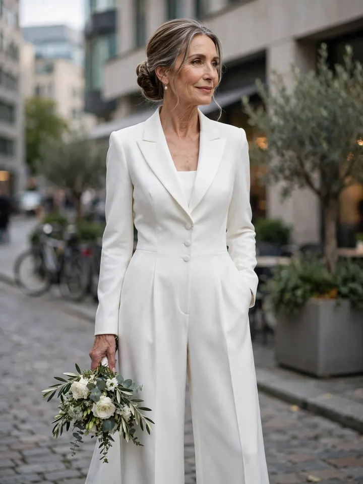 Blazer-style bridal jumpsuit 2nd marriage wedding dress for a modern city elopement