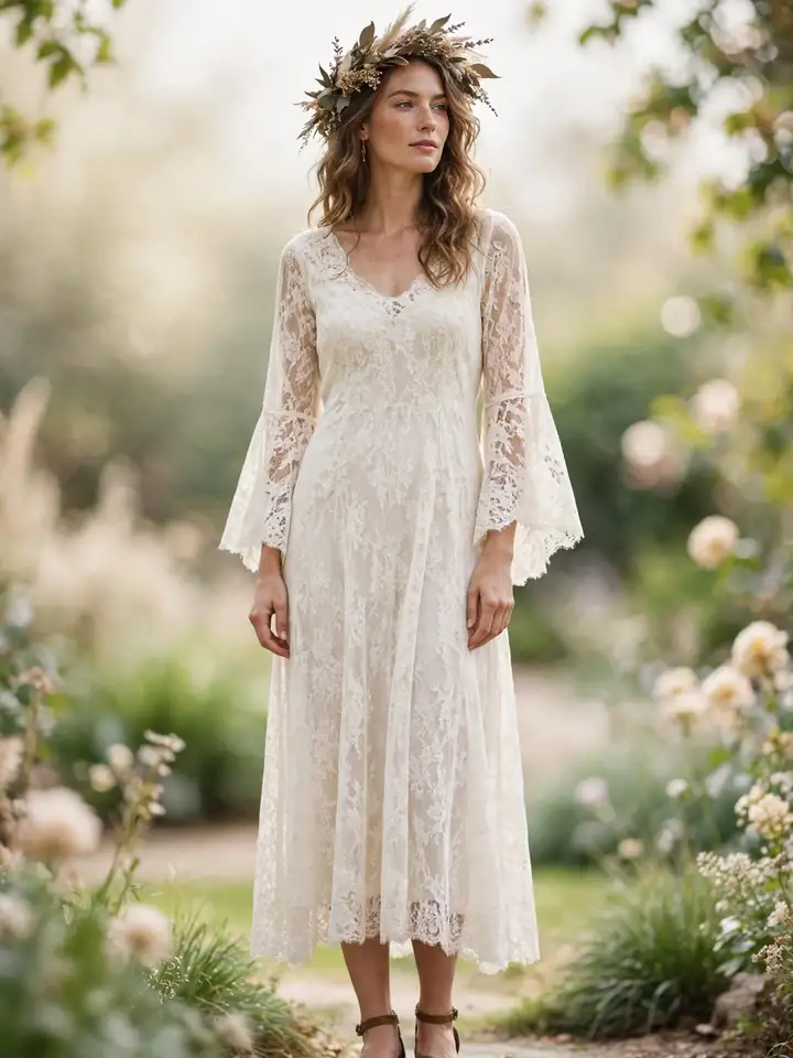 Boho crochet lace midi 2nd marriage wedding dress for a garden party wedding