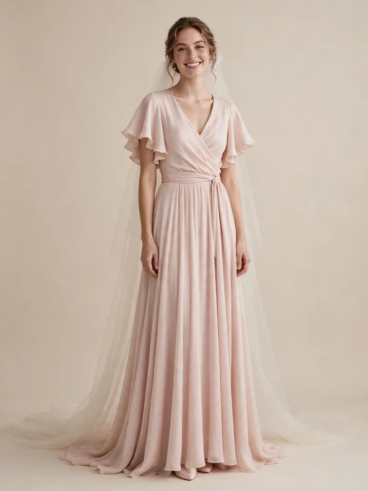 Blush pink wrap 2nd marriage wedding dress for a vineyard wedding reception