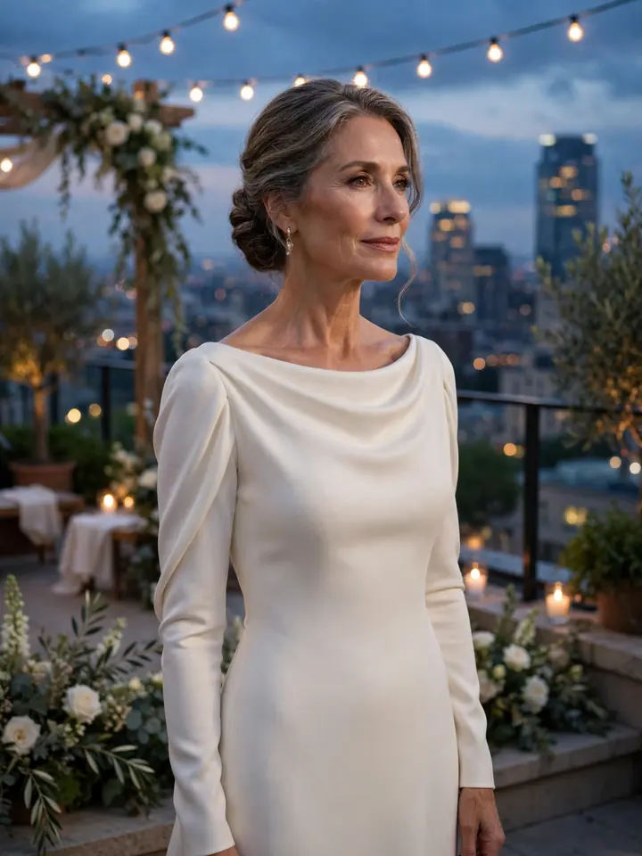 Ivory column gown 2nd marriage wedding dress with draped neckline for an evening ceremony