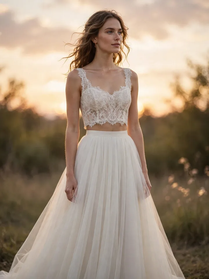 Two-piece lace bridal separates 2nd marriage wedding dress for a sunset ceremony