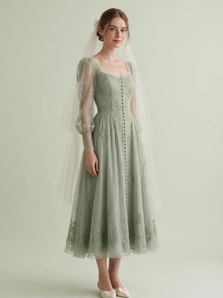 Sage green coloured 2nd marriage wedding dress for a garden wedding ceremony