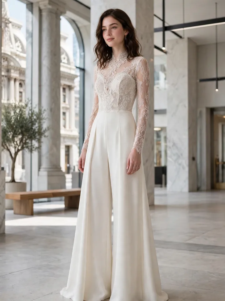 Wide-leg ivory crepe bridal jumpsuit 2nd marriage wedding dress for city hall
