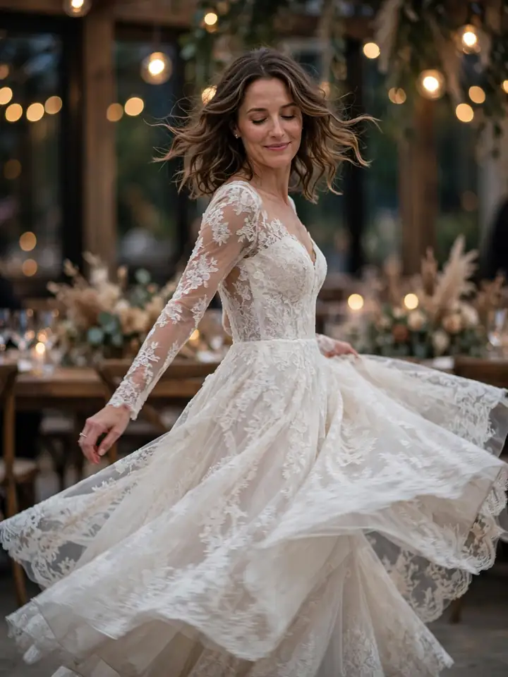 Lace fit-and-flare 2nd marriage wedding dress with illusion sleeves for the reception