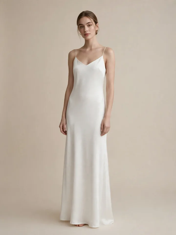 Simple affordable white slip 2nd marriage wedding dress for a backyard micro wedding
