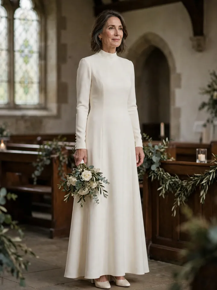 Modest high-neckline long-sleeve 2nd marriage wedding dress for a church vow renewal