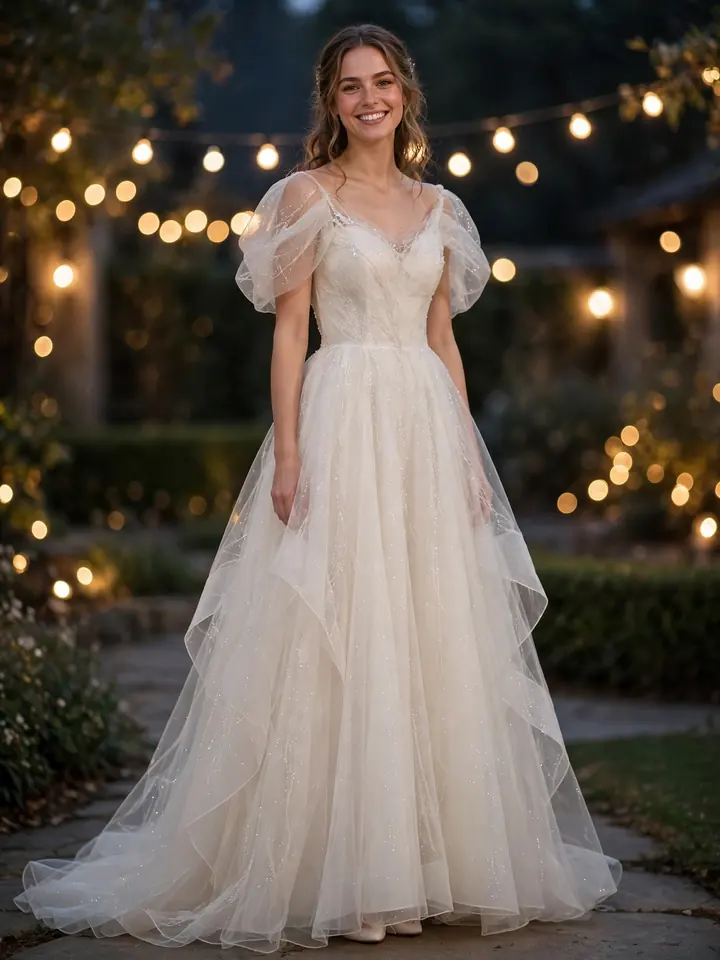 Sparkling ivory organza second-look 2nd marriage wedding dress for reception entrance