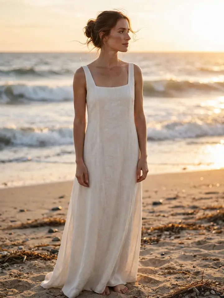 Off-white linen maxi 2nd marriage wedding dress for a barefoot beach elopement