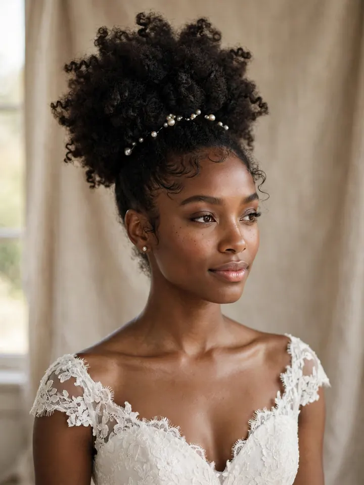 4c wedding hairstyles: voluminous bridal high puff on natural 4c coily hair with pearl pins