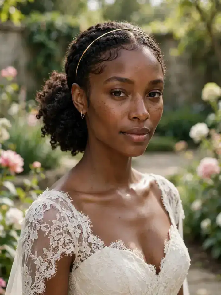 4c wedding hairstyles: polished low puff at the nape with laid edges and gold headband