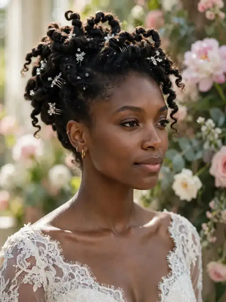 4c wedding hairstyles: voluminous twist-out updo with crystal hair combs on 4c hair