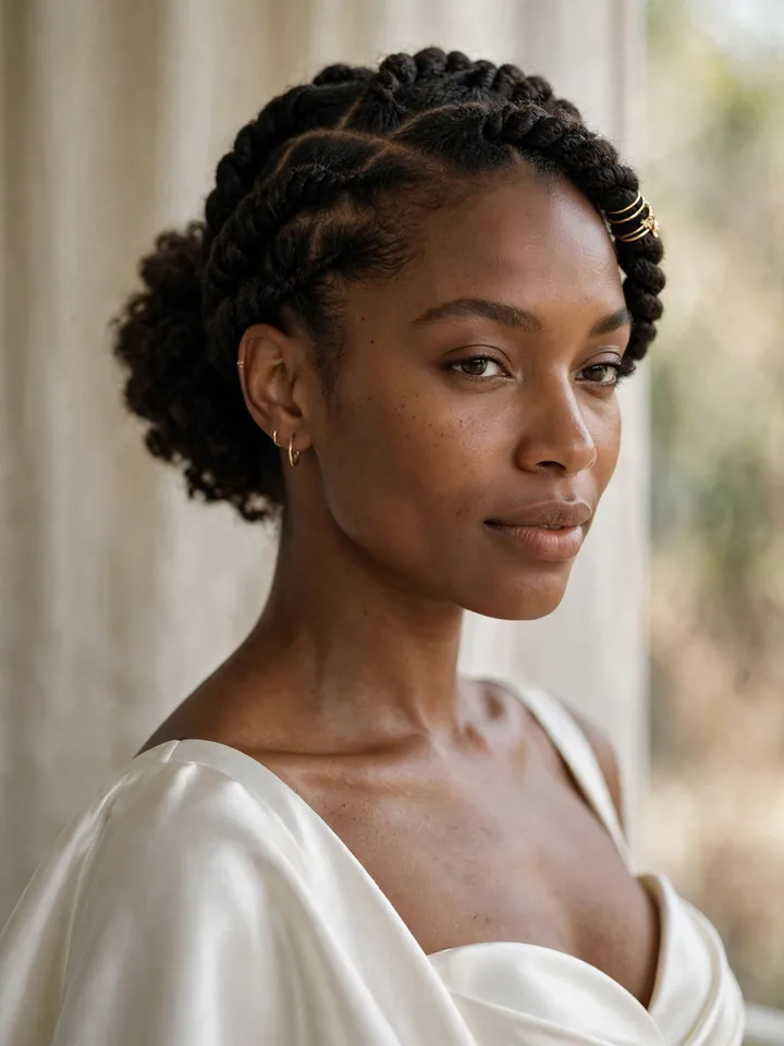 4c wedding hairstyles: flat-twist crown with gold cuff on natural 4c hair and textured bun
