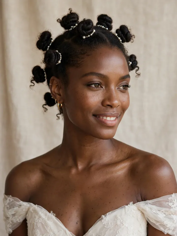 4c wedding hairstyles: sculpted bantu knot bridal updo with pearl beads on 4c coily hair