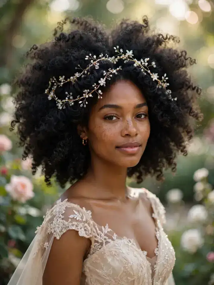 4c wedding hairstyles: full natural afro with sparkling bridal hair vine on 4c hair