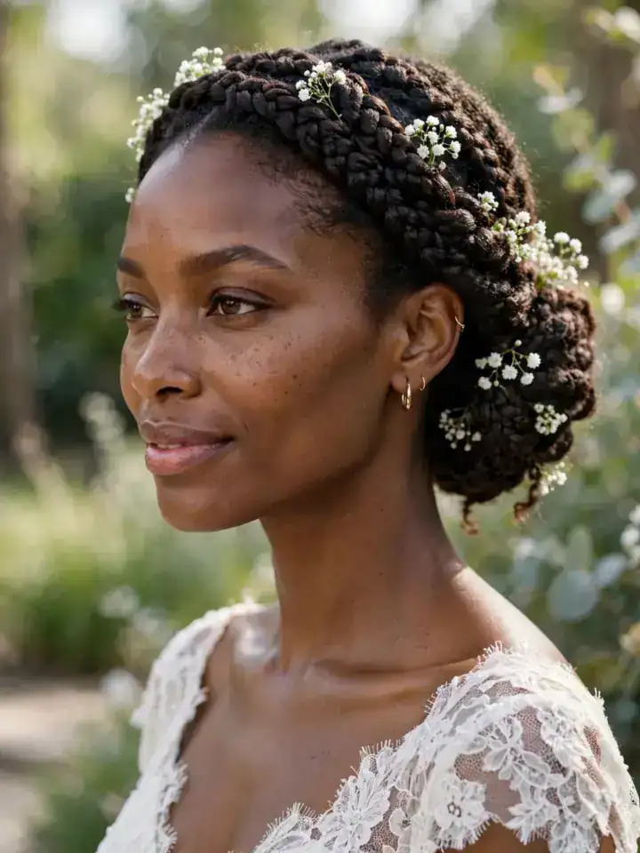 4c wedding hairstyles: braided crown with low coily bun and baby's breath flowers