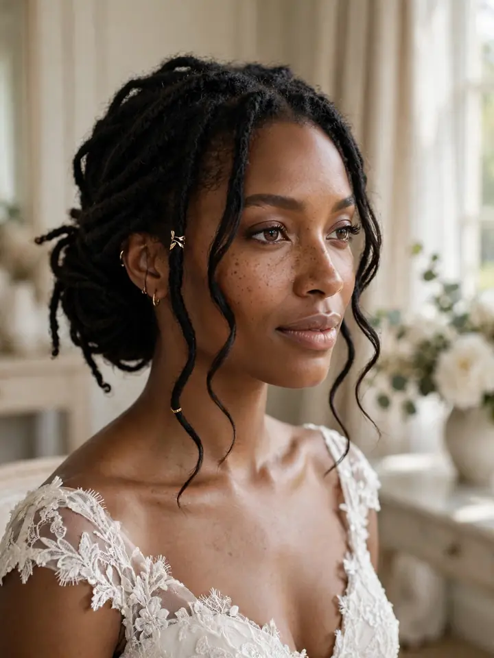 4c wedding hairstyles: faux locs swept into a romantic bridal updo with gold hair cuff